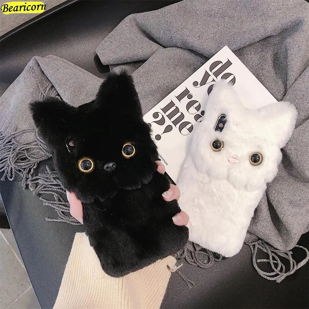 3D Simulation Cat Plush Phone Case – Soft Furry Winter Cover for iPhone 11, 12 Pro, XR, X, XS Max, 7, 8, SE, 13 Mini