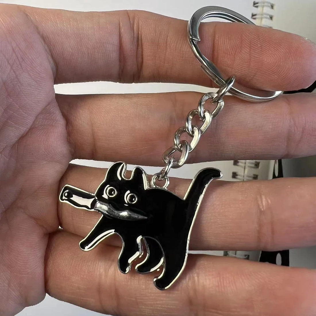 1PC Black Cat Kawaii Keychain – Cute Stainless Steel Key Ring Pendant