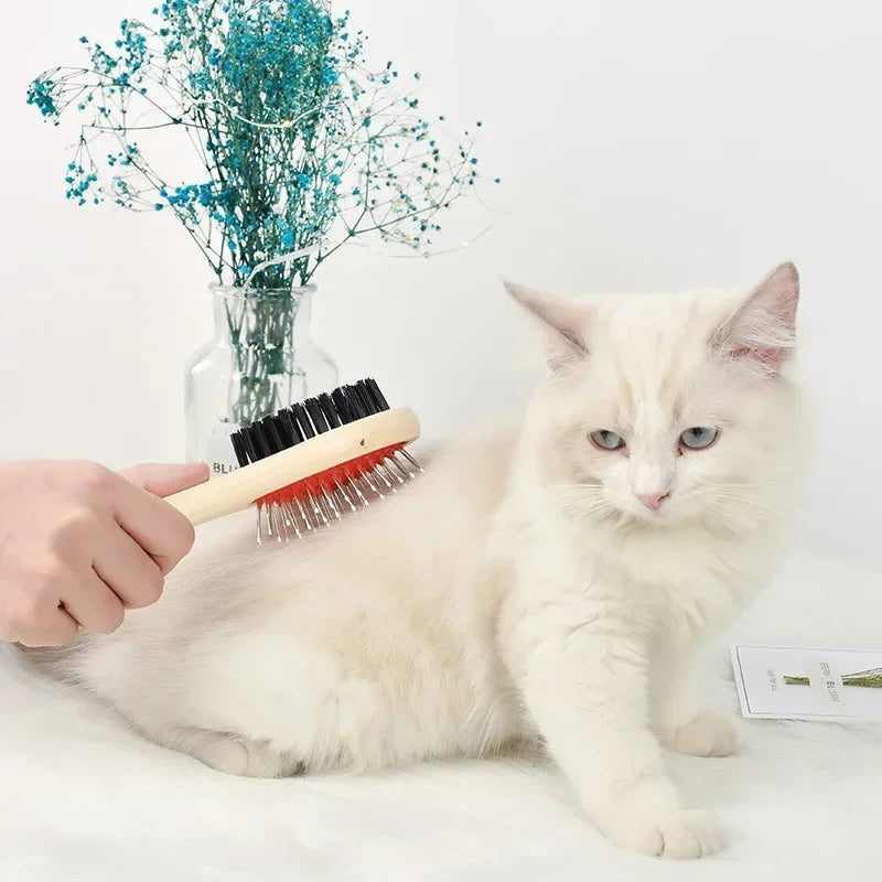 1PC Double-Sided Pet Comb – Wooden Grooming Brush for Cats and Dogs with Soft Bristles & Steel Needle, Hair Removal and Massage