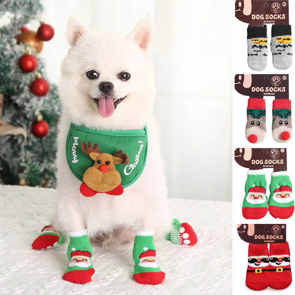 4Pcs Christmas Pet Socks – Anti-Slip Knitted Paw Protectors for Small Dogs & Cats, Festive Design