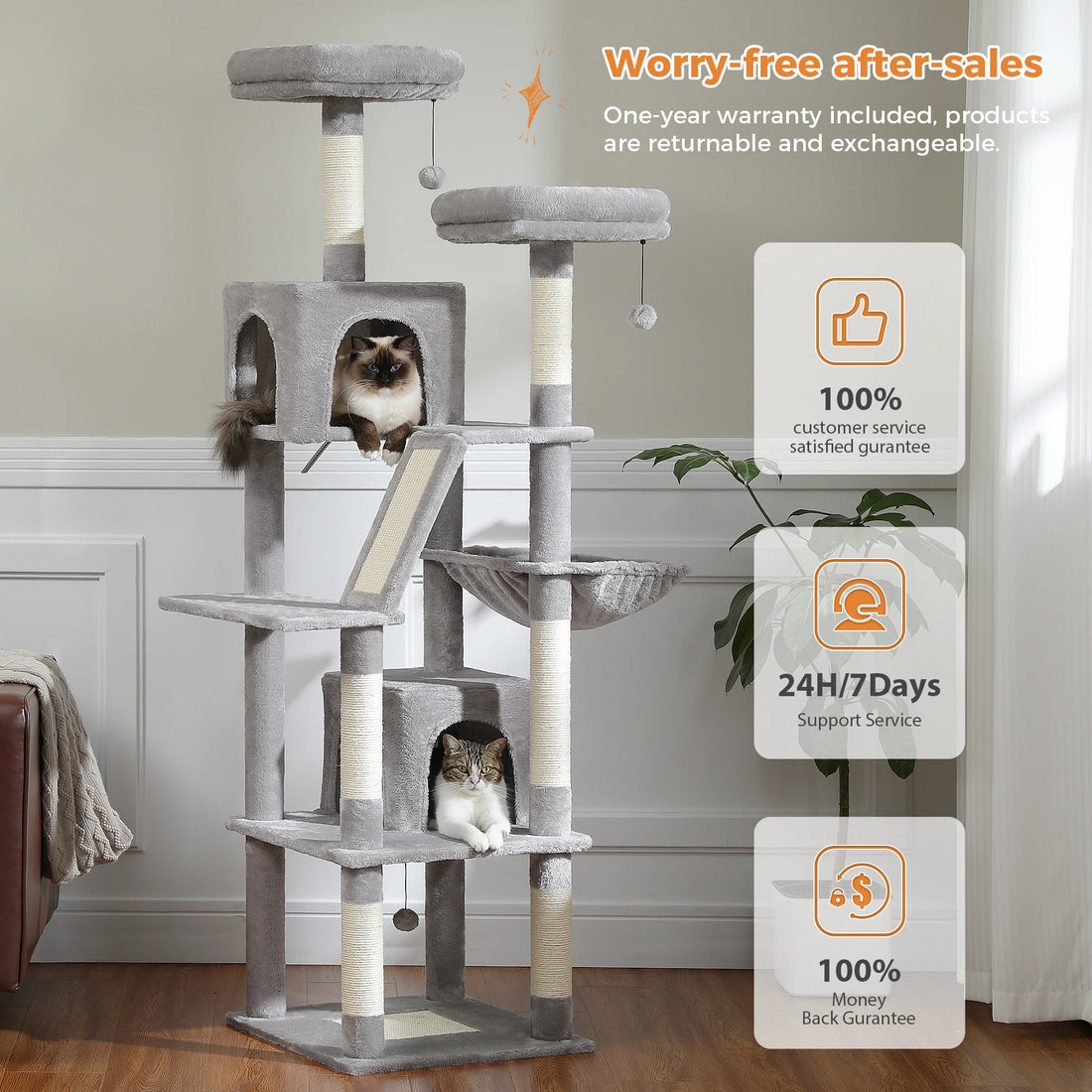 Large Cat Tree for Indoor Cats - Multi-Level Plush Cat Condo with Scratching Posts, Perches, Caves, and Scratching Boards